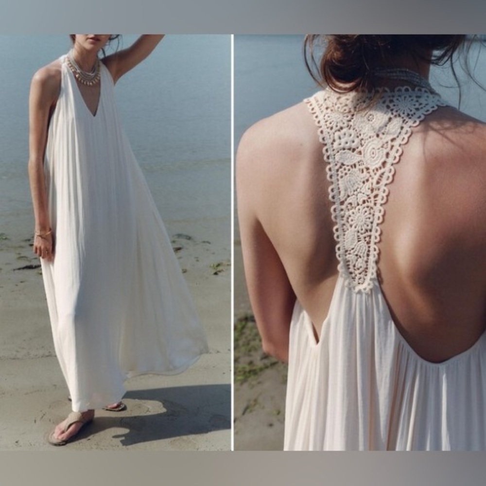 Flowy White Halter Maxi Dress Lace Back Beach Boho Romantic Bride Zara NWT M-L